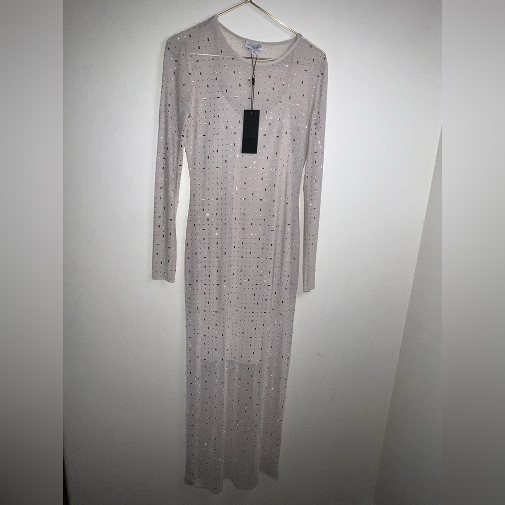 NWT Gianni Bini Tilly LG Nude‎ Mesh Rhinestone Long Sleeve Midi Dress XS